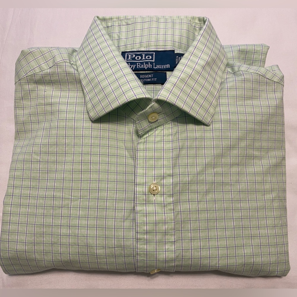 Men’s Polo by Ralph Lauren Regent Custom Fit Light Green Plaid Shirt 16.5 32/33